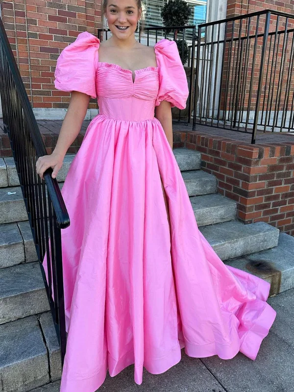 Hot Deal trendy mini dresstrendy mini dressOpen Back Puff Sleeves Pink Satin Long Prom Dresses, Long Pink Formal Graduation Evening Dresses SP2827
