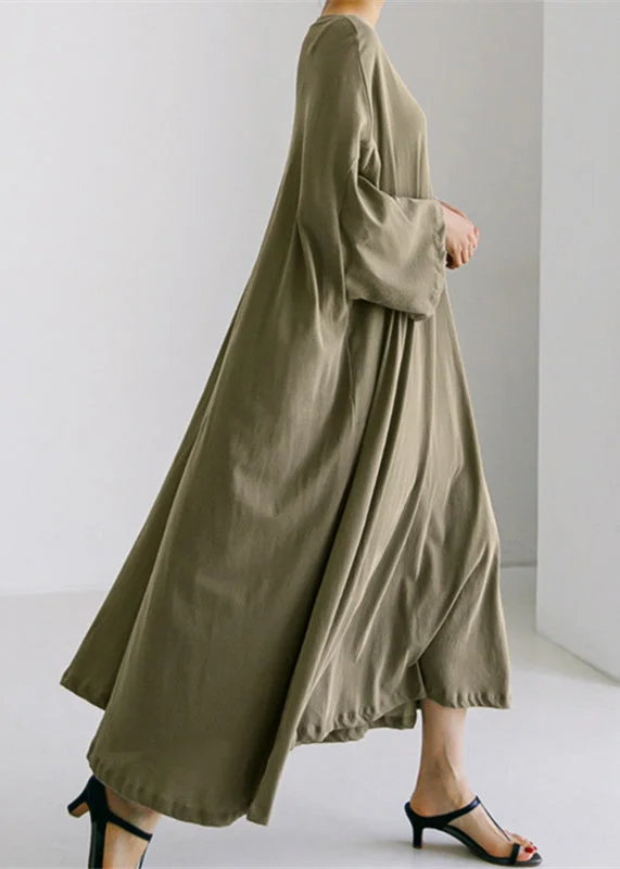 off-the-shoulder dressArmy Green O-Neck Cotton Maxi Dress Long Sleeve