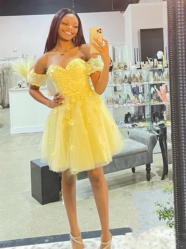 Low Prices boho dressboho dressOff Shoulder Yellow Lace Floral Prom Dresses, Yellow Lace Homecoming Dresses, Short Yellow Formal Evening Dresses SP2448