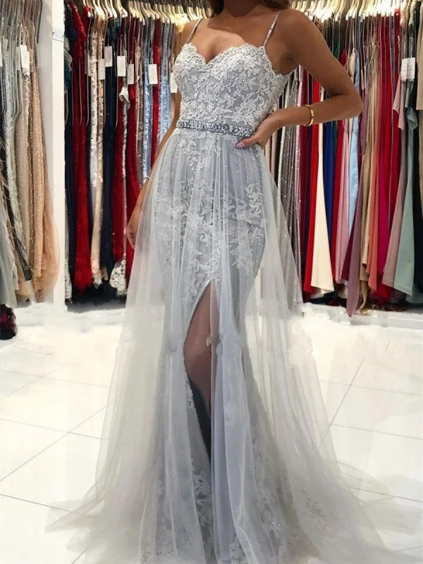 Price Reduction bohemian dressbohemian dressElegant Mermaid Gray Lace Long Prom Dresses with High Slit, Gray Lace Formal Dresses, Mermaid Grey Evening Dresses SP2267