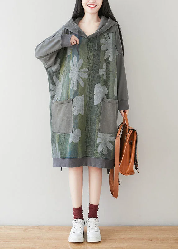 Exclusive Preview ruched dressruched dressCasual Grey Hooded Patchwork Print Cotton Dress Batwing Sleeve