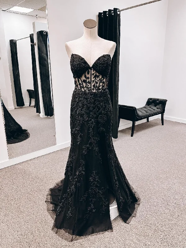 New Markdowns fitted bodycon dressfitted bodycon dressStrapless Mermaid Black Lace Long Prom Dresses with High Slit, Black Lace Formal Dresses, Black Evening Dresses SP2683