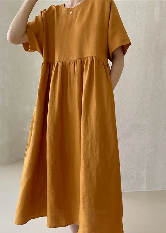 stylish party dressNovelty Ginger O-Neck Wrinkled Button Maxi Dresses Short Sleeve