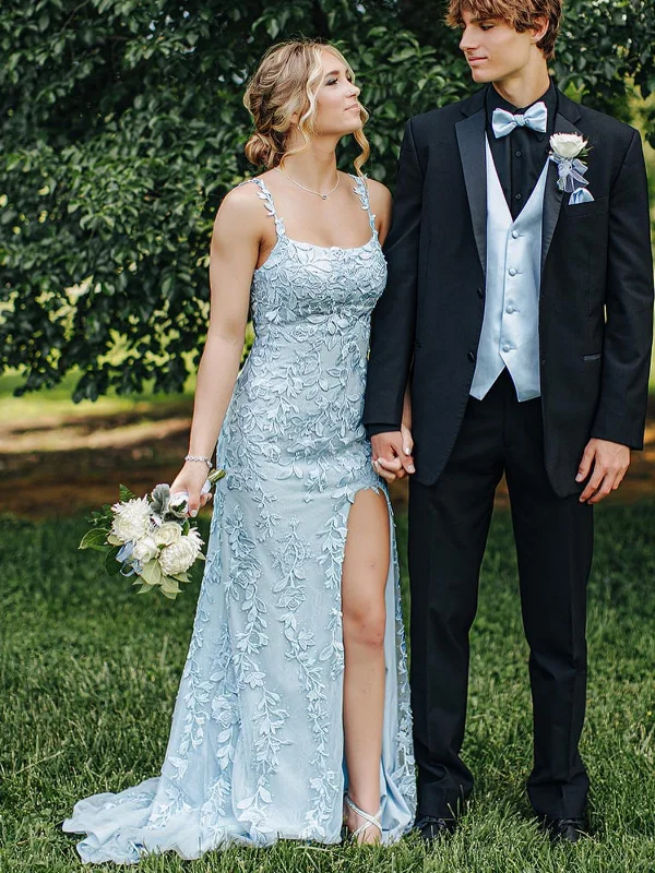 Hurry In comfy dresscomfy dressOpen Back Mermaid Light Blue Lace Long Prom Dresses with High Slit, Light Blue Lace Formal Graduation Evening Dresses SP2518