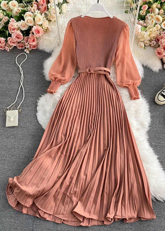 Deal Dash elegant maxi dresselegant maxi dressPlus Size Chocolate O-Neck Chiffon Sashes Long Pleated Dress Long Sleeve