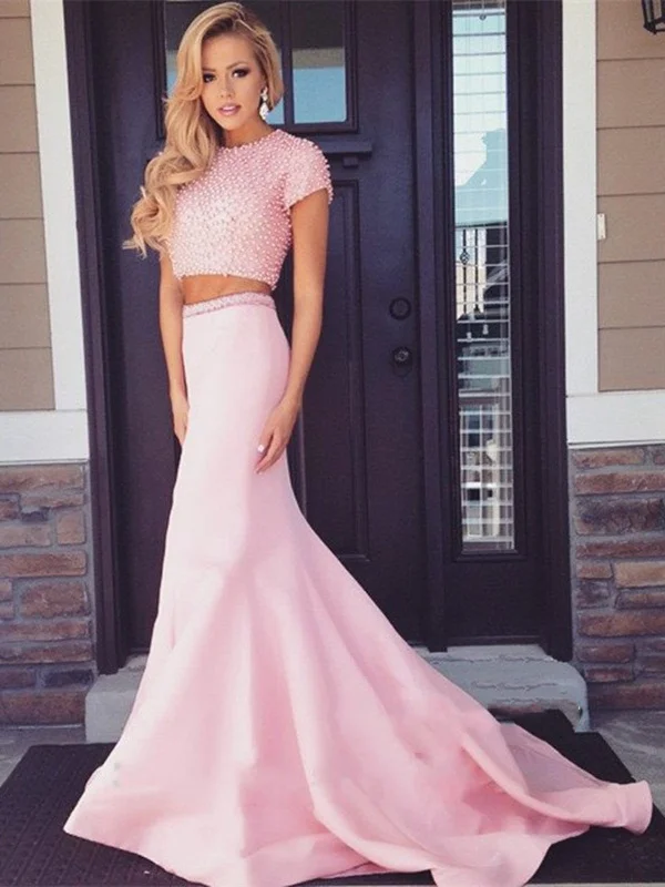 Stock Clearance puff sleeve dresspuff sleeve dressTwo Pieces Pearl Beaded Short Sleeves Pink Prom Dresses, Mermaid Pink Formal Dresses