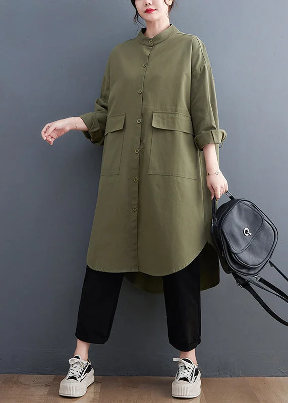 casual shift dressArmy Green Oversized Cotton Shirt Dresses Pockets Fall