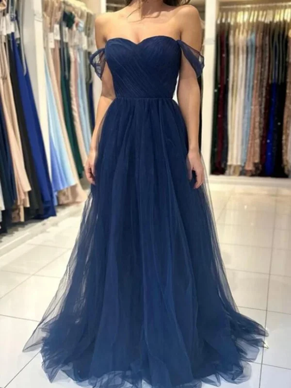 Limited Availability lace dresslace dressSimple Off Shoulder Navy Blue Tulle Long Prom Dresses, Off the Shoulder Formal Dresses, Navy Blue Evening Dresses SP2856