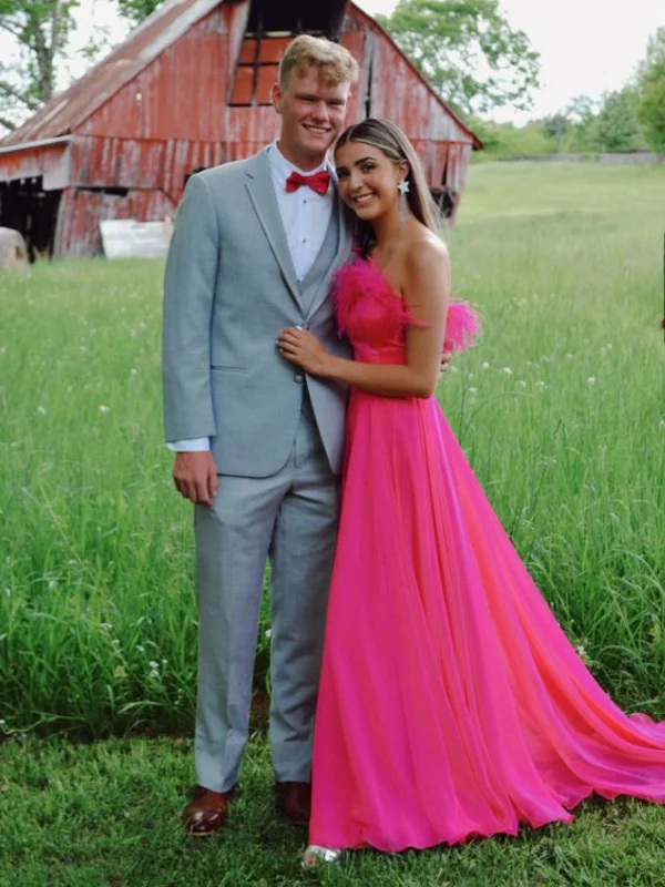 Today's Special tiered dresstiered dressStrapless Hot Pink Feather Tulle Long Prom Dresses, Long Hot Pink Formal Graduation Evening Dresses SP2907