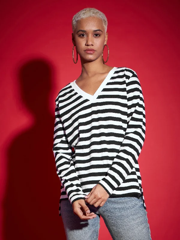 Super Bargain bold fitness hoodieWomen Black & White Striped Sweater