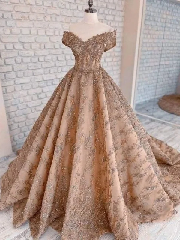 Weekend Deal fitted dressfitted dressGorgeous Off Shoulder Champagne Lace Long Prom Dresses, Champagne Lace Formal Dresses, Champagne Evening Dresses SP2913