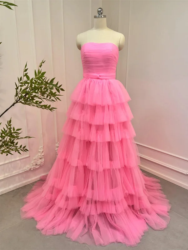 Super Sale oversized dressoversized dressStrapless Layered Pink Tulle Long Prom Dresses, Strapless Pink Formal Graduation Evening Dresses SP3065