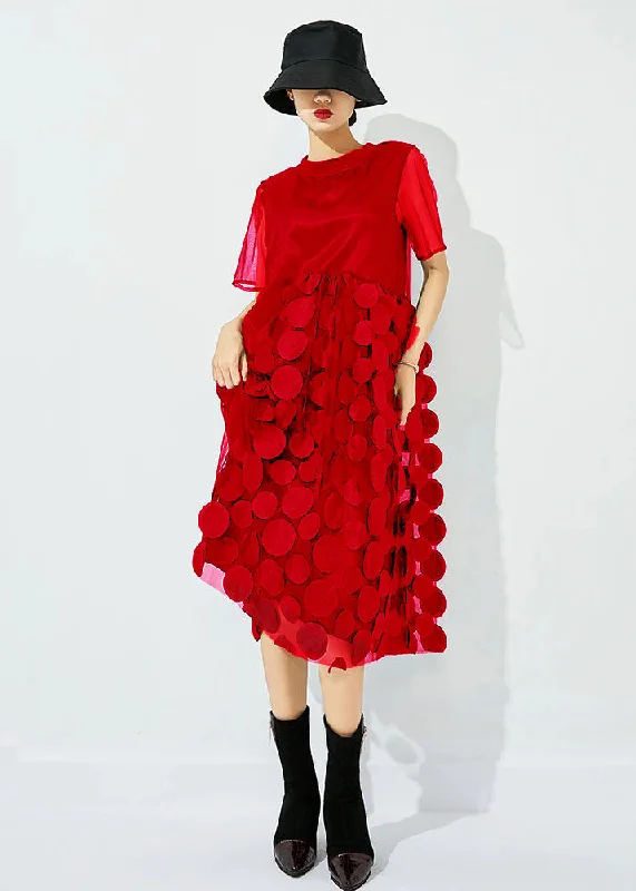 Deep Discounts denim dressdenim dressWomen Red O-Neck Patchwork Dot Tulle Holiday Dress Summer