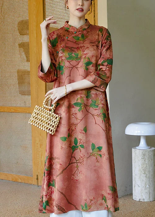 velvet dressChic Pink Mandarin Collar Button Print Silk Cheongsam Dress Bracelet Sleeve