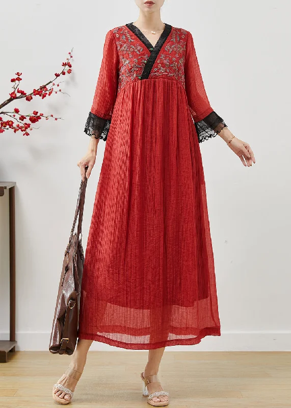 A-line dressRed Patchwork Lace Cotton Ankle Dress Embroidered Fall