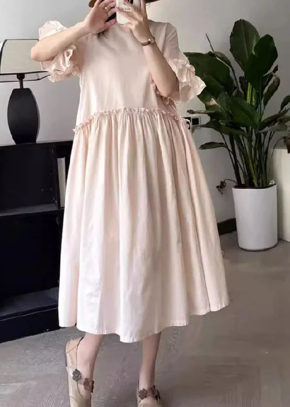 casual evening dressArt Pink O-Neck Wrinkled Long Dresses Summer