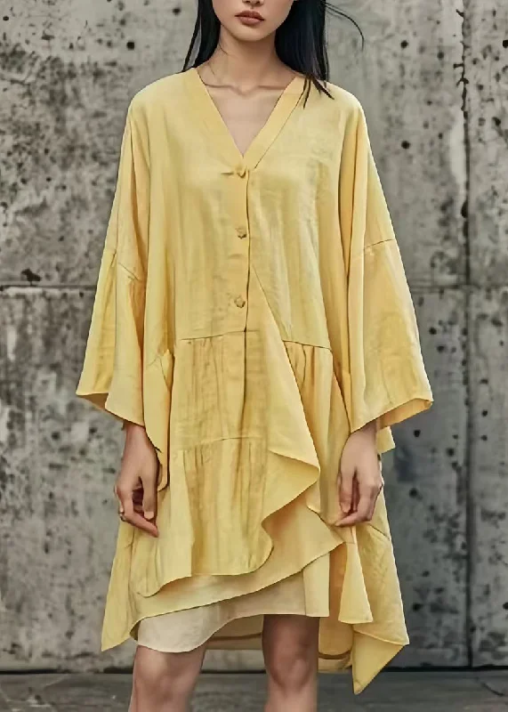 vintage-inspired dressHandmade Yellow Asymmetrical Patchwork Cotton Mid Dress Summer