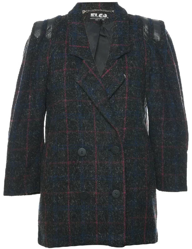 fashion coat with hoodChecked Pattern Wool Coat - M