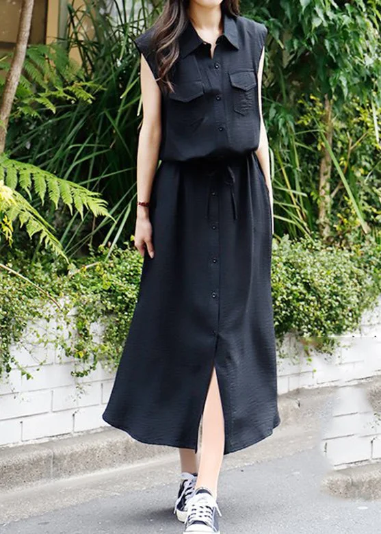 Crazy Deals elegant evening dresselegant evening dressSolid Drawstring Waist Pocket Button Front Maxi Cargo Dress Black