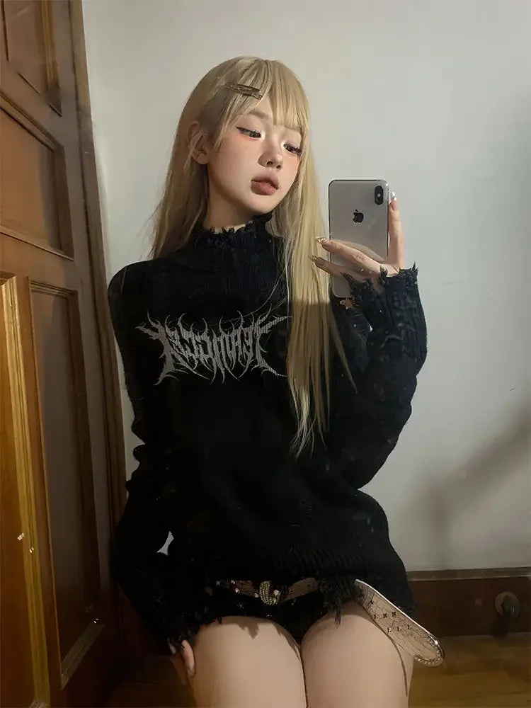 Super Bargain Lunivop Gothic Black Y2k Knitted Pullover Women Punk Harajuku Graphic Sweaters Grunge Solid Long Sleeve Pullovers Streetwear