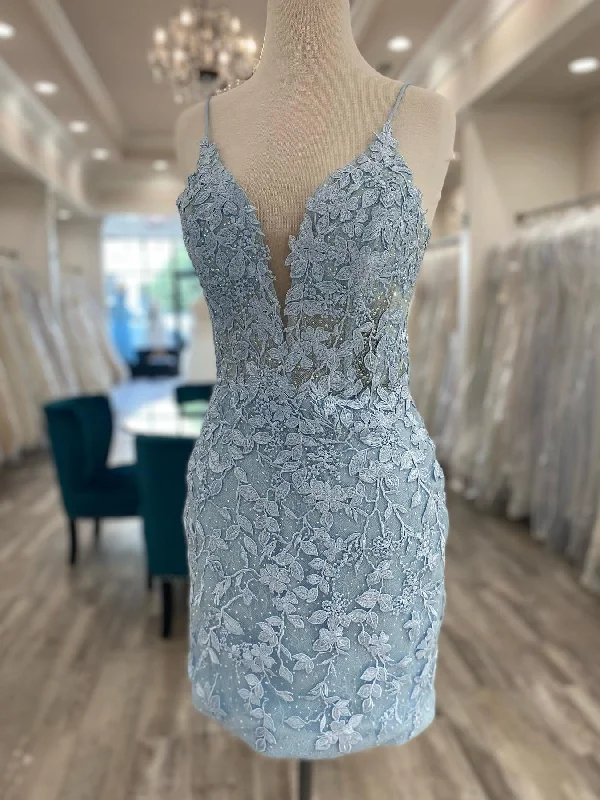 Savings Spectacular luxury dressluxury dressV Neck Mermaid Light Blue Lace Short Prom Dresses, Mermaid Light Blue Homecoming Dresses, Light Blue Lace Formal Evening Dress SP2485