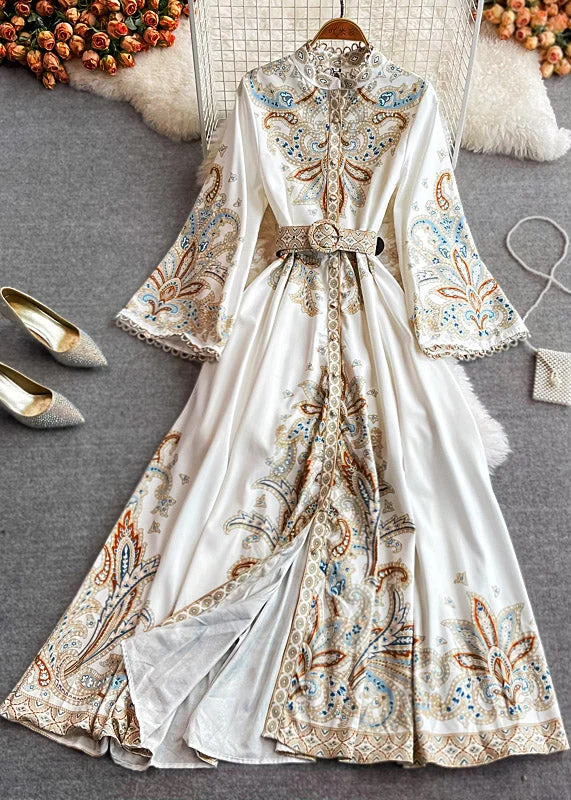 Hurry In oversized dressoversized dressElegant White Stand Collar Print Wrinkled Long Dresses Puff Sleeve