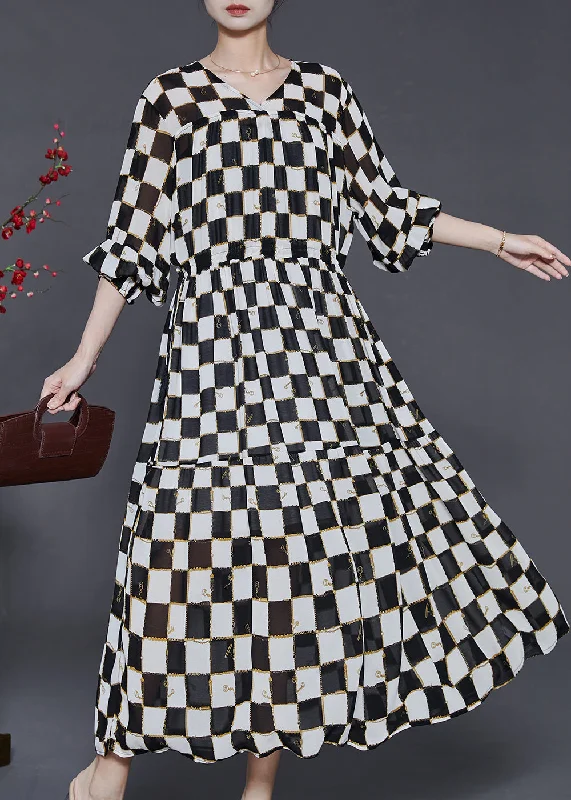 elegant shift dressFrench Black Cinched Plaid Chiffon Long Dress Summer