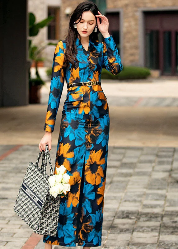 chic dressSlim Fit Blue V Neck Print Side Open Silk Wrap Dresses Spring