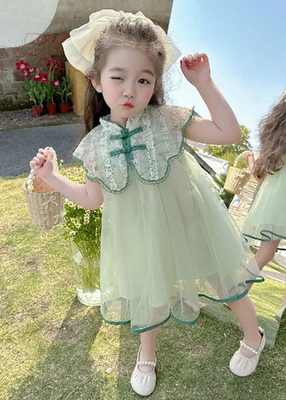 classic fit-and-flare dressArt Green Embroideried Patchwork Button Tulle Girls Vacation Maxi Dresses Summer