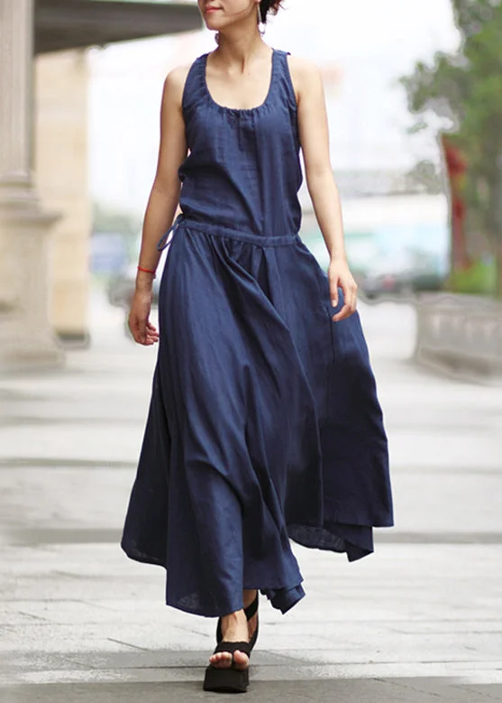 Closeout Sale sleeveless dresssleeveless dressSolid Drawstring Ruched Sleeveless Casual Maxi Dress Navy