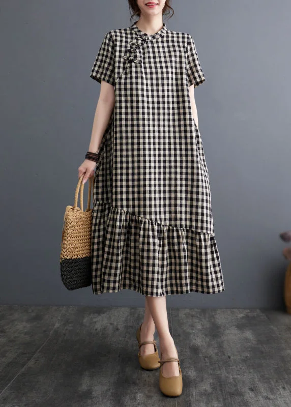 t-shirt dressVintage Big Plaid Stand Collar Patchwork Cotton Dress Summer