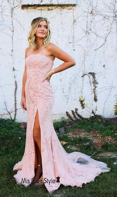 elegant shift dressFit-Flare Split Blush Pink Prom Dress