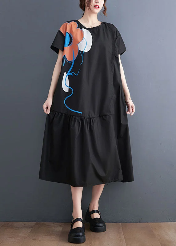 Huge Discounts flowy dressflowy dressFrench Black O-Neck Patchwork Wrinkled Cotton Party Dress Summer