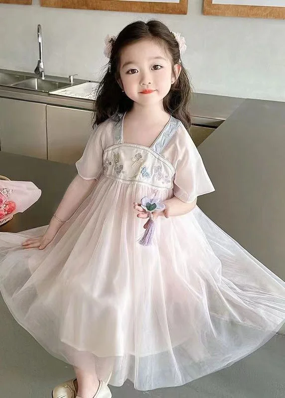 structured dressLovely Light Pink Square Collar Embroideried Patchwork Tulle Kids Long Dresses Summer