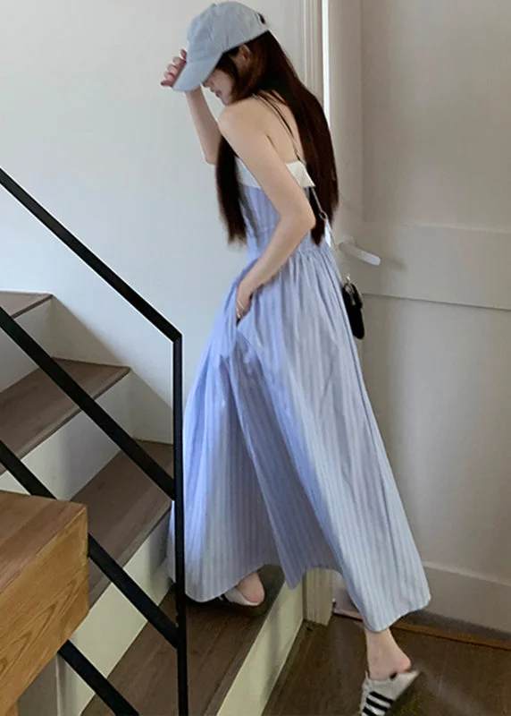 flowy evening dressModern Blue Slash Neck Striped Patchwork Maxi Spaghetti Strap Dresses Sleeveless