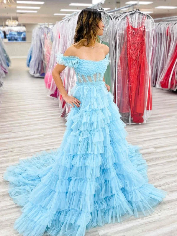 Stock Clearance casual slip dresscasual slip dressOff the Shoulder Light Blue Ruffle Tulle Long Prom Dresses, Off Shoulder Light Blue Formal Dresses, Light Blue Evening Dresses SP2851