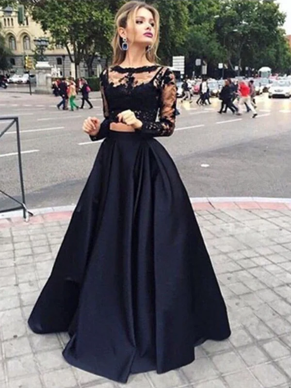 Closeout summer floral dresssummer floral dressRound Neck Long Sleeves 2 Pieces Black Lace Prom Dresses, Black Lace Formal Dresses