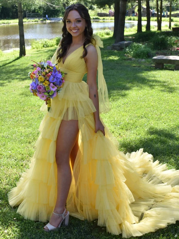 Price Buster silk dresssilk dressSexy A Line V Neck Yellow Long Prom Dresses with High Slit, Long Yellow Formal Graduation Evening Dresses with Train SP3071