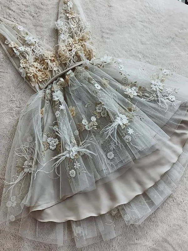 Super Sale off-shoulder dressoff-shoulder dressCute V Neck Floral Short Gray Lace Prom Dresses, Short Gray Lace Formal Graduation Homecoming Dresses