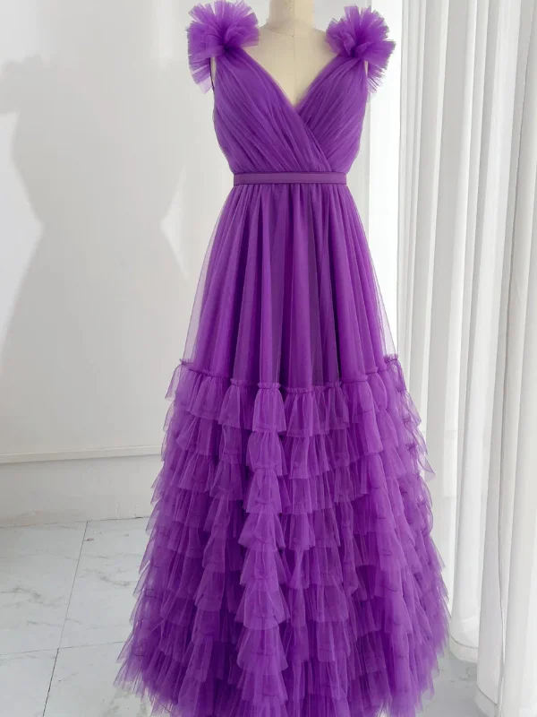 Overstock elegant evening dresselegant evening dressA Line V Neck Purple Tulle Long Prom Dresses, V Neck Purple Formal Dresses, Long Purple Evening Dresses SP2855