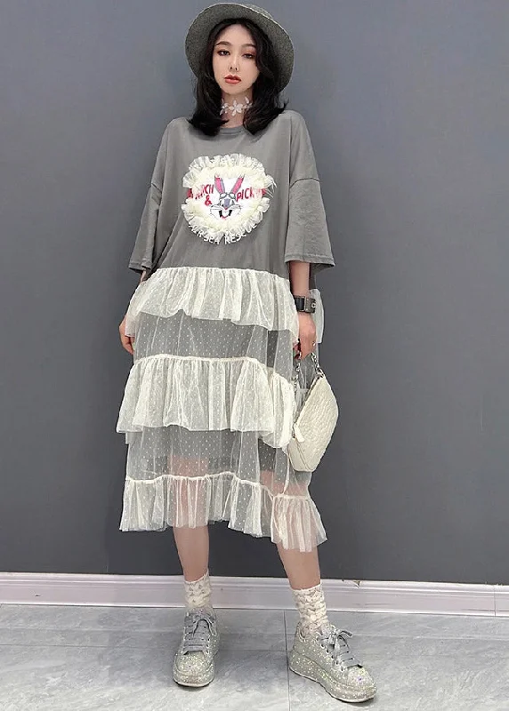 flowy dressCute Grey O-Neck Patchwork Tulle Dress Short Sleeve