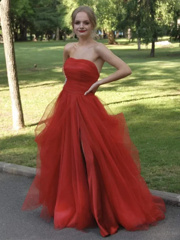 Closeout ruffle dressruffle dressStrapless Red Tulle Long Prom Dresses with High Slit, Strapless Red Formal Graduation Evening Dresses SP2578