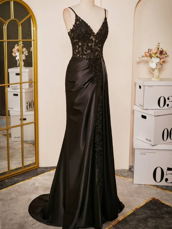 Members Only vintage dressvintage dressV Neck Mermaid Black Lace Top Long Prom Dresses, Mermaid Black Formal Dresses, Black Lace Evening Dresses SP2873