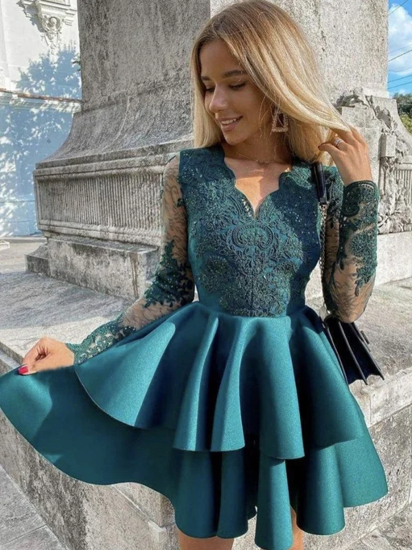 Discount Days casual slip dresscasual slip dressLong Sleeves V Neck Short Green Lace Prom Dresses, Long Sleeves Green Lace Homecoming Dresses, Green Lace Formal Evening Dress