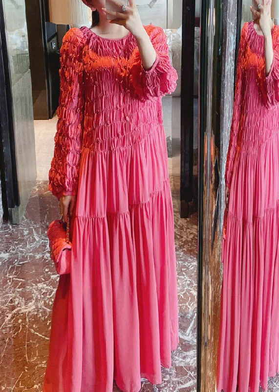 Take Advantage trendy dresstrendy dressItalian Rose O-Neck Wrinkled Silk Long DressPuff Sleeve
