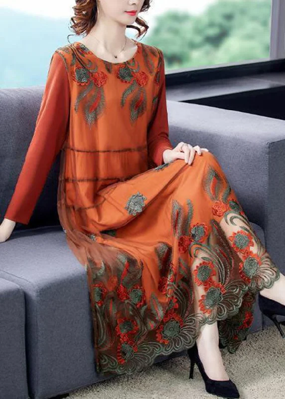 bohemian dressArt Orange Oversized Embroideried Tulle Holiday Dress Spring