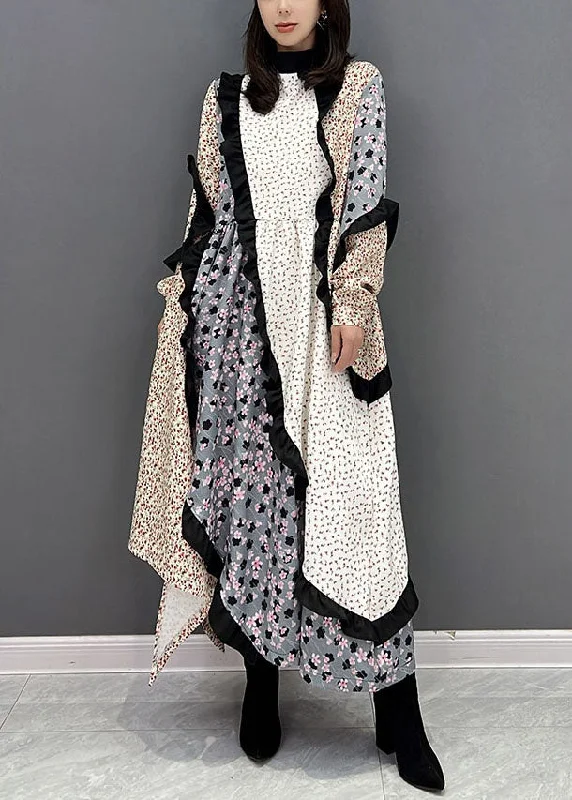 Lowest Price shift dressshift dressWomen Colorblock Stand Collar Asymmetrical Patchwork Ruffles Long Dress Fall