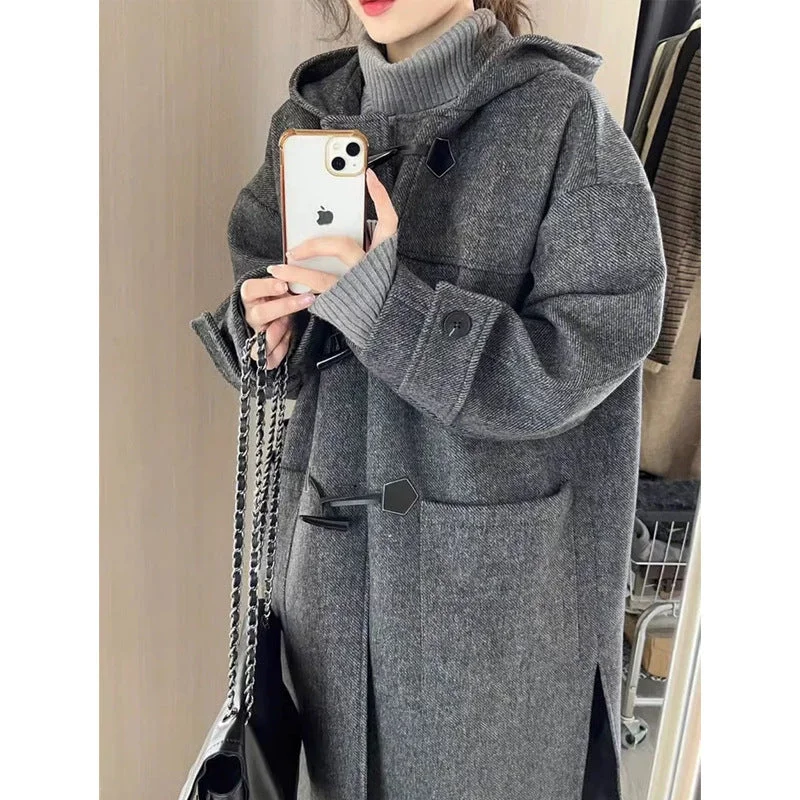 Exclusive Savings Lunivop skater boy outfits Korean Style High-Grade Gray Horn Buckle Hooded Woolen Coat Mid-Length Autumn and Winter Loose Temperament Coat for Women