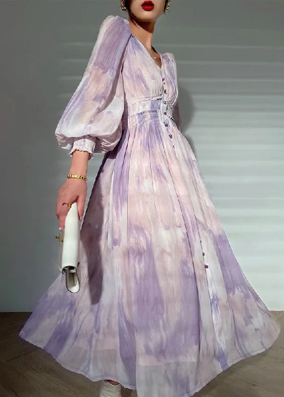 Special Discount bohemian dressbohemian dressElegant Purple V Neck Tie Dye Print Button Silk Long Dress Long sleeve