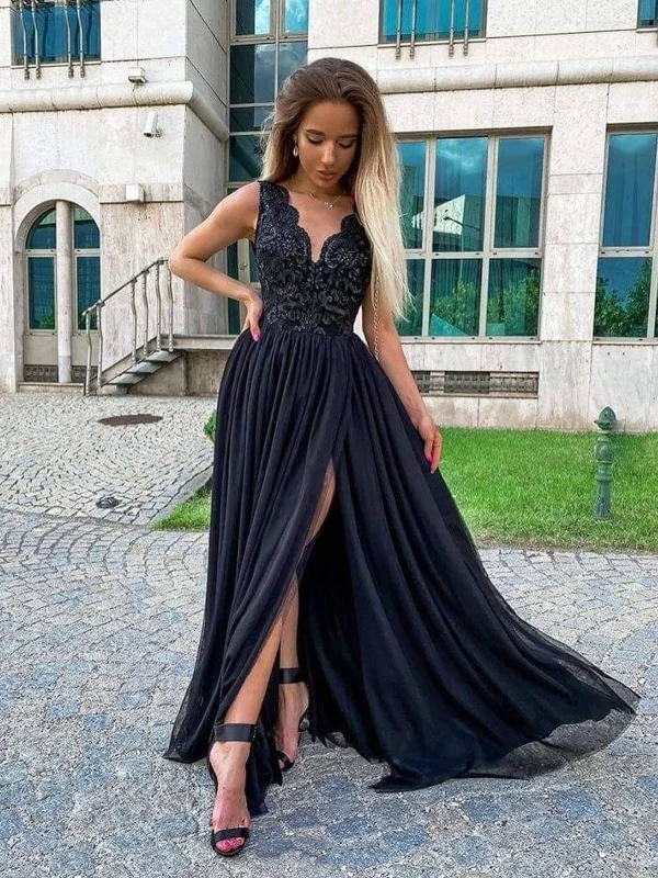 Discount Extravaganza wrap dresswrap dressV Neck Black Lace Long Prom Dresses with High Slit, Black Lace Formal Graduation Evening Dresses SP2385
